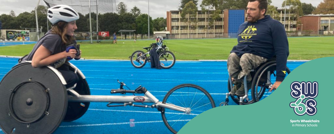 Izzy Vincent training in a sports wheelchair on an athletics track. Logo os SWIPS (Sports Wheelchairs In Primary Schools) in the bottom right hand corner